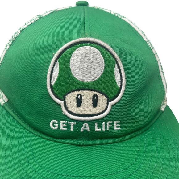 Nintendo Get A Life Green Trucker Hat Mens L 1-Up Mushroom Snapback - Picture 6 of 13